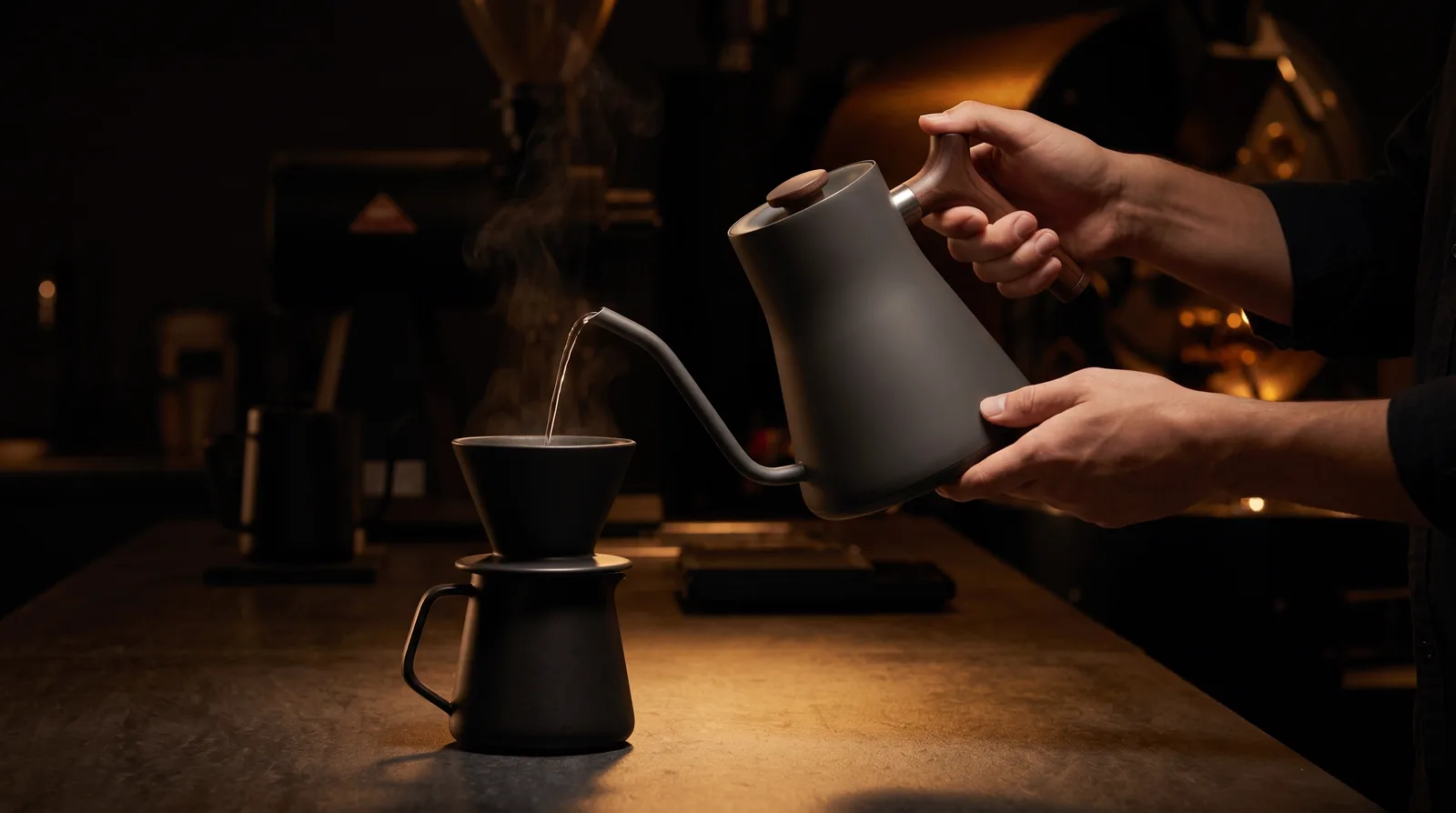 Pouring a thin, steady stream from the gooseneck kettle into a pour-over dripper