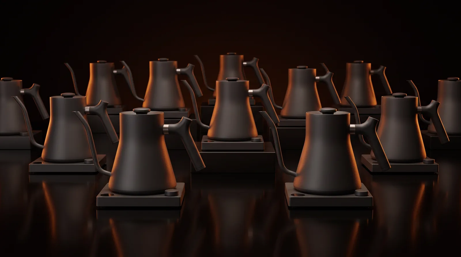 A line of the kettles lit in warm shadow